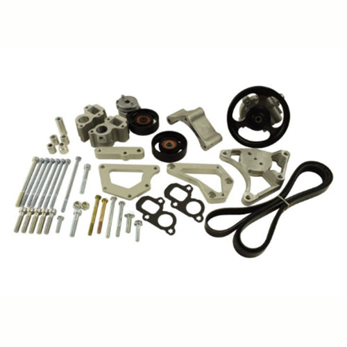 Mechanical parts including gears, belts, and bolts on a white background