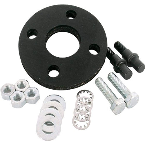 Mechanical parts including a black flange, screws, washers and springs on a white background.