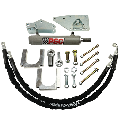 Photo of a cylinder assist kit with mounting brackets, single-ended cylinder, clevis end, hardware and hoses on a white background.