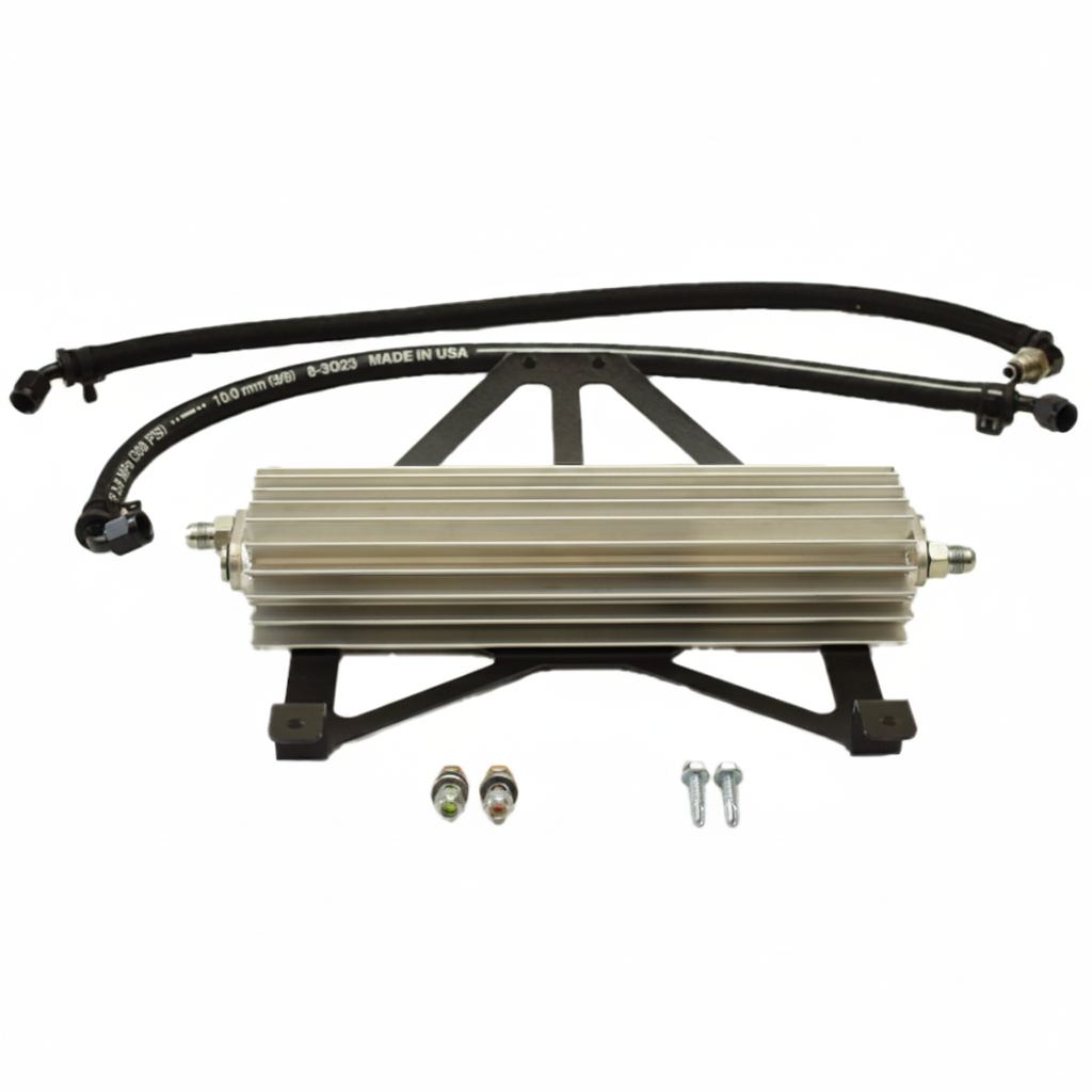 Power Steering Pump Fluid Cooler Kit with mount, hoses and hardware on a white background