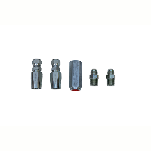 Before assembly, One-Way In-Line Check Valve Kit, for size -8 AN size, featuring a silver hydraulic valve assembly kit showing engraving on a white background.