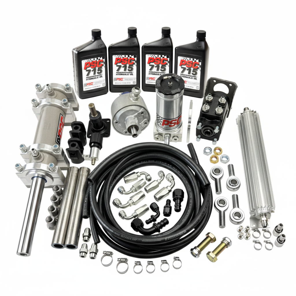 Full hydraulic steering kit displayed on a white background, including hydraulic cylinder, pump, reservoir, hoses, fittings, clamps, mounting hardware, fluid cooler, and bottles of PSC 715 Power Steering Fluid.