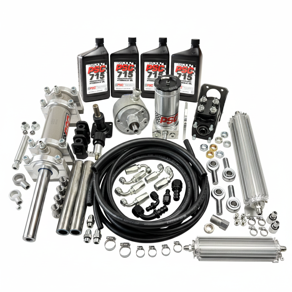 Full hydraulic steering kit displayed on a white background, including hydraulic cylinder, pump, reservoir, hoses, fittings, clamps, mounting hardware, fluid cooler, and bottles of PSC 715 Power Steering Fluid.