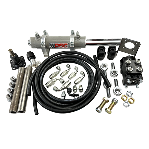 Full Hydraulic steering kit FHK110 basic Universal Kit with steering cylinder/ram, mounts, orbital, hoses, steering column, clevis end, tie rods, fittings and hardware on a white background.