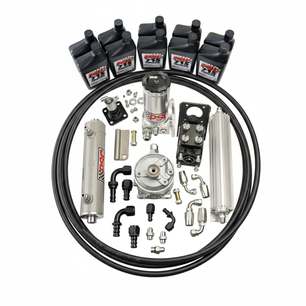 Collection of steering parts including hoses, fittings, reservoir, 4 black bottles of PSC 715, a black orbital, rounded silver pump, mounts, cooler, PSC branded cylinder and hardware on a white background.