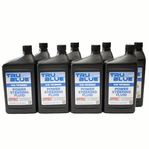 PSC 8061 TRU BLUE Ultra Performance Power Steering Fluid, featuring eight one-quart black plastic bottle with blue and white label featuring the PSC logo and engineered-for-all-systems designation.