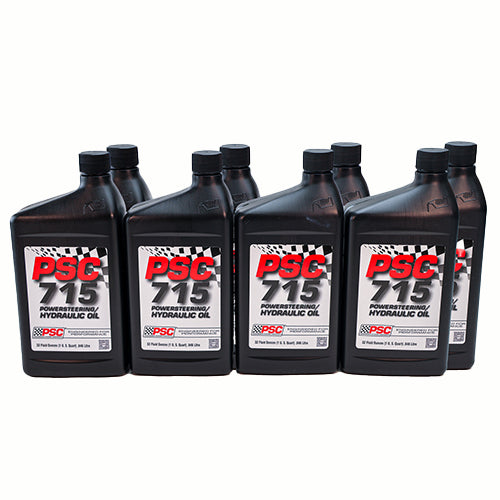 Eight one-quart bottles of PSC 715 Power Steering and Hydraulic Oil arranged in a row, featuring black containers with red and black PSC labels and checkered flag design.
