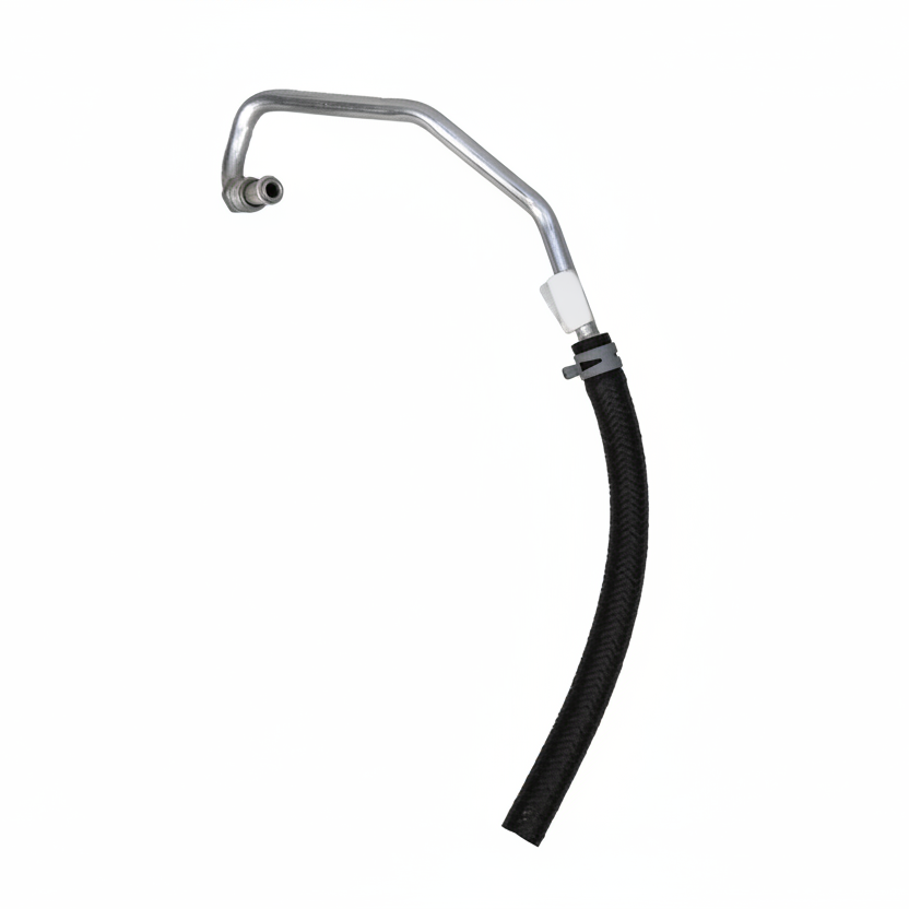 Black automotive hose with metal fitting on a white background
