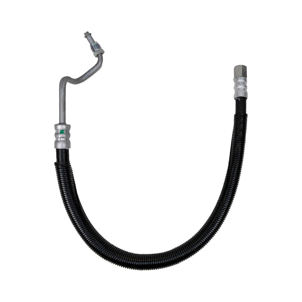 Black flexible hose with metal connectors on a white background