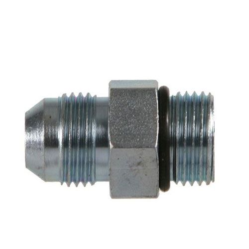 Metal fitting with rubber o ring, threaded ends and hex part on a white background.