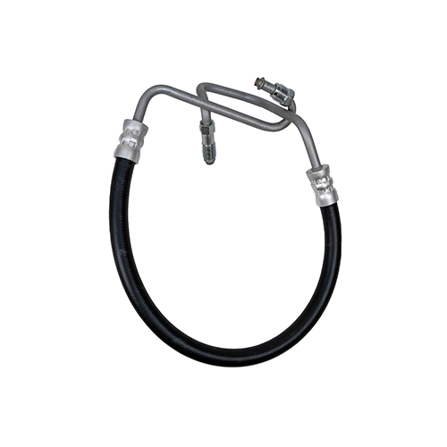 A power steering pressure hose with a curved metal hard line and flexible rubber section designed to carry hydraulic fluid between the steering pump and steering gear on specific vehicle applications.