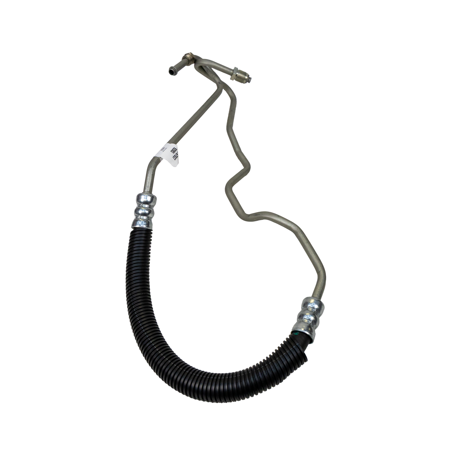Black flexible hose with metal connectors on a white background