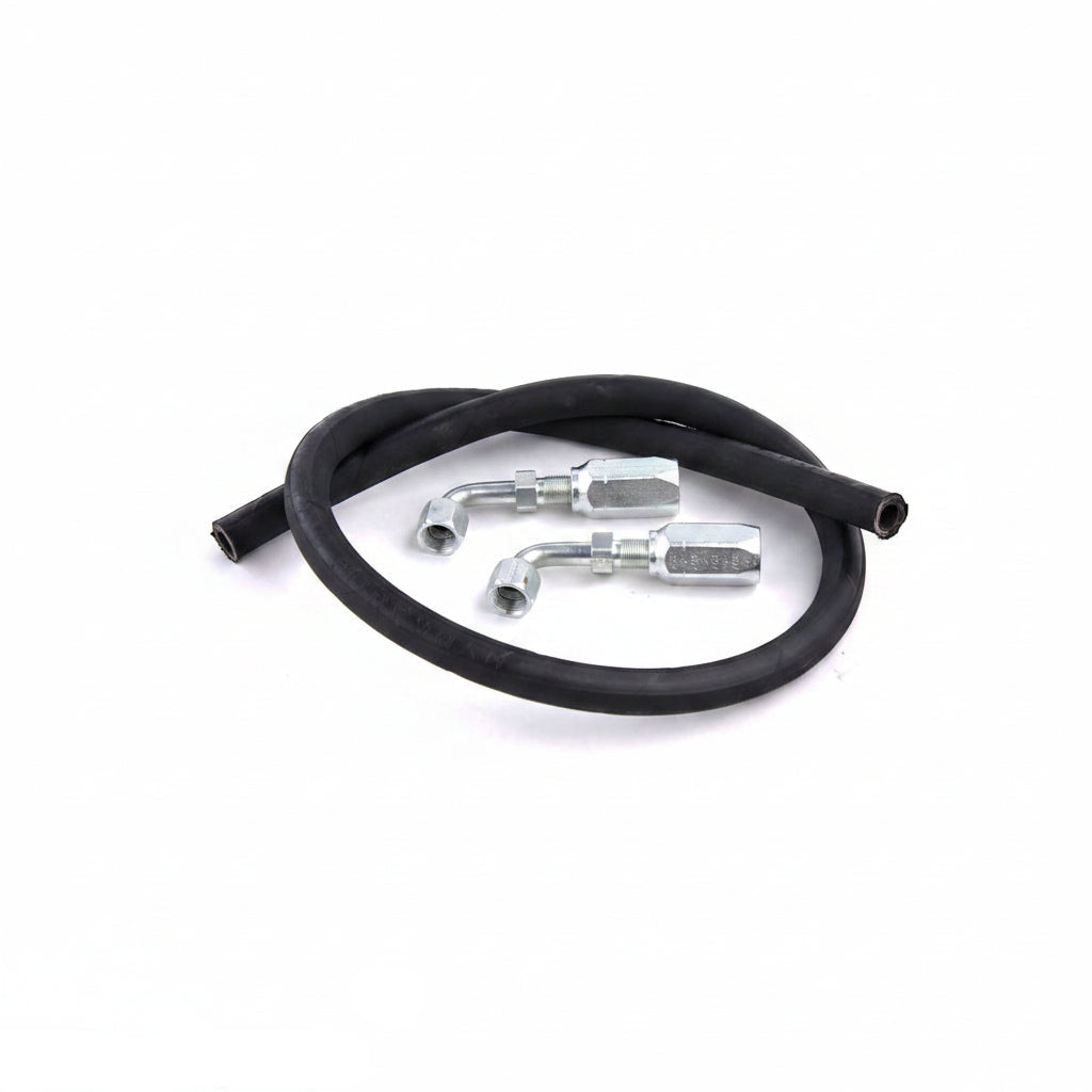 Black rubber hose with metal connectors on a white background