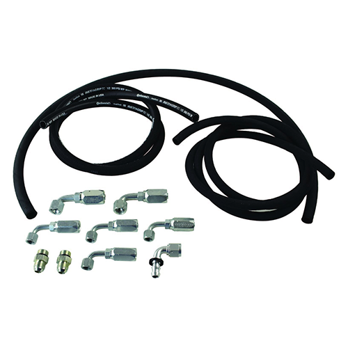 Full hydraulic hose kit with two long black hydraulic hoses and multiple silver steel hose fittings arranged on a white background for HK2085-XL applications.
