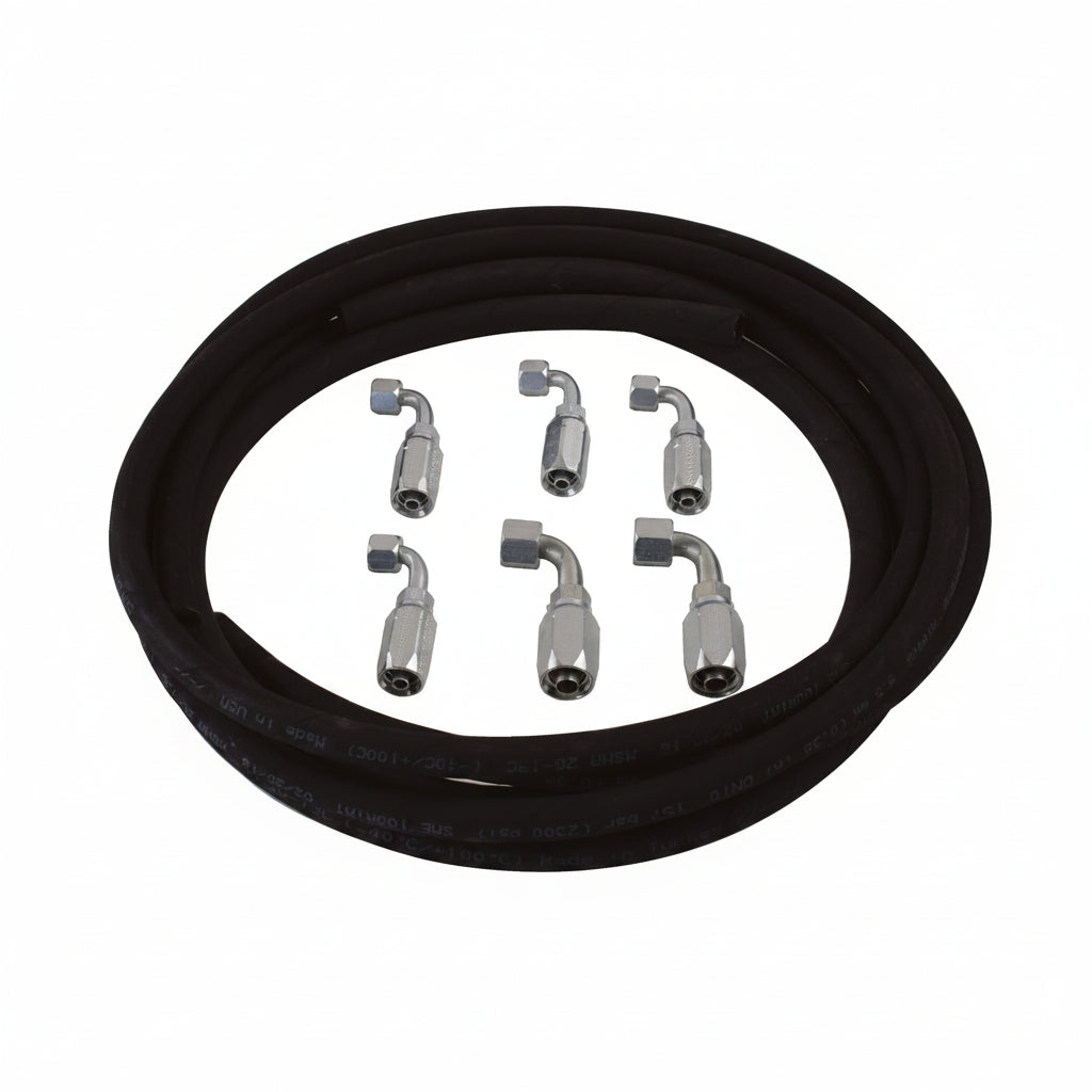 Set of metal connectors with a coiled black hose on a white background