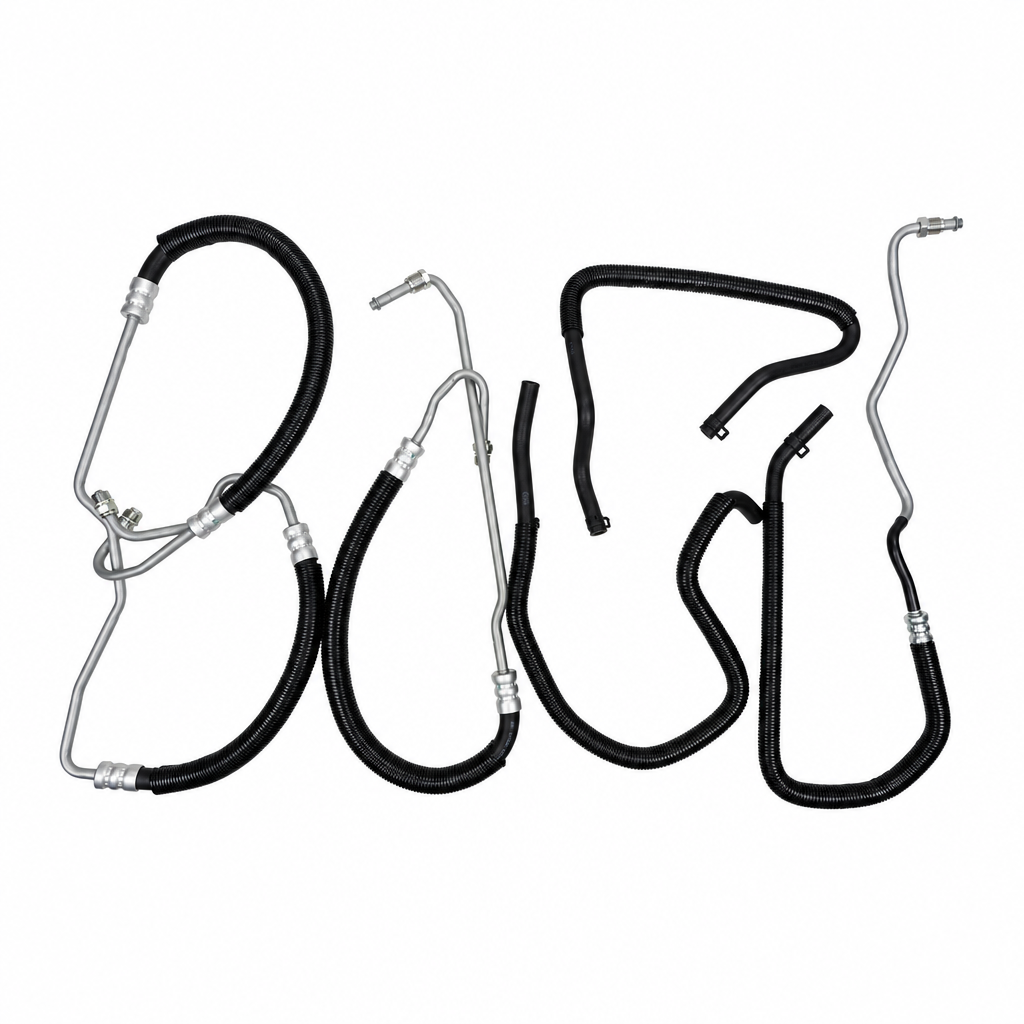 Four automotive hoses arranged on a plain white background: two black rubber hoses with silver metal fittings and two silver metal hoses with black rubber sections.