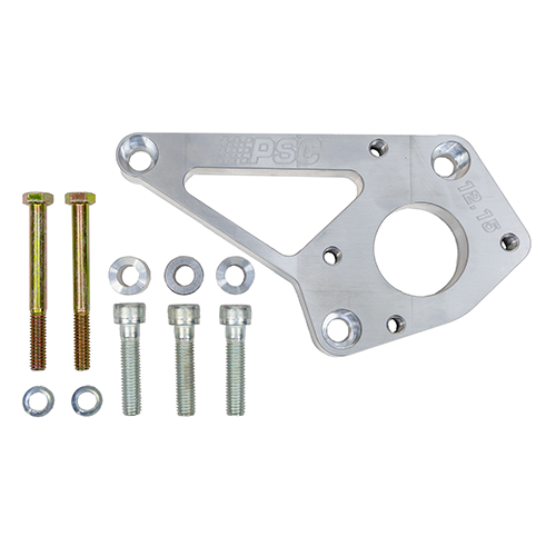 Silver mounting bracket with engraved PSC logo and 12.15. Kit also includes two zinc coated boles, washers, three spacers and three silver bolts; all on a white background.