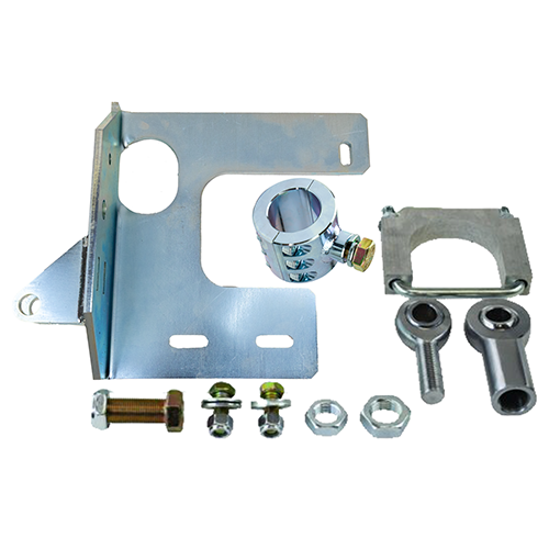 Photo of PSC no-weld mounting bracket kit MB35 which includes the steel bracket, tie trod clamp, clevis ends, and mounting hardware all on a white background.