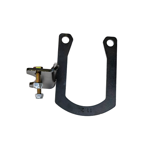 Black powder coated mounting bracket for Jeep 4.0L engines from 1996 - 2006. The Bracket comes with two zinc coated bolts and two silver nuts loosely installed. This is an overhead view with a white background.