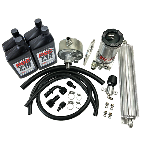 Full Hydraulic Pump Kit featuring mounting bracket, PSC 715 Hydraulic Oil, cooler, PSC remote reservoir, steering pump, hoses, fittings and hardware on a white background. PK-FHK-P