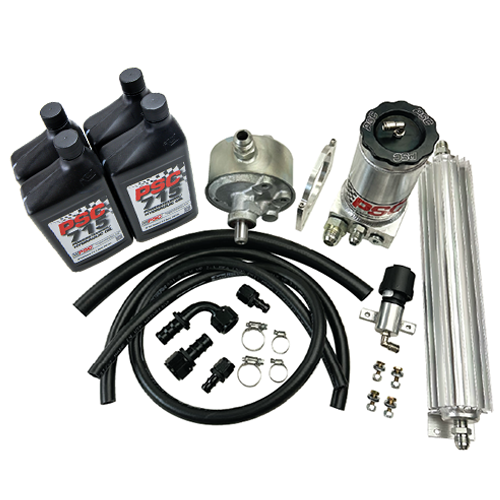 Full Hydraulic Pump Kit featuring PSC 715 Hydraulic Oil, a pump, cooler, PSC remote reservoir, mounting bracket, hoses, fittings and hardware on a white background.