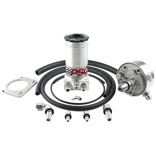 PSC pump kit for Dodge Cummins trucks from 1994–2002 with reservoir, hoses, pump, fittings and cressy clamp on a white background.