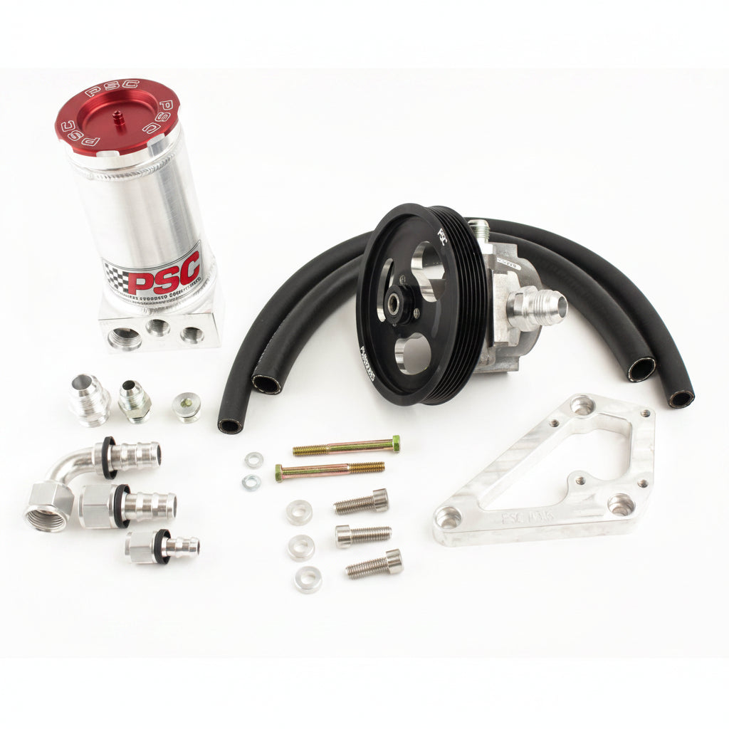 PSC pump kit PKL1857x showing the reservoir, fittings, hoses, mounting bracket with hardware and pump with pulley installed all arranged on a white background.