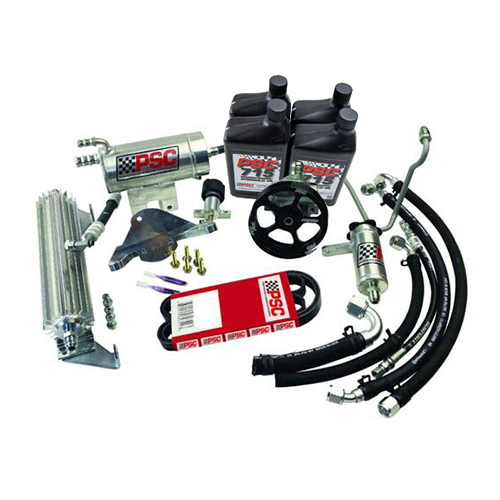 Steering parts kit including pulley, PSC715 steering fluid black bottles, belts, five hoses, a cooler with fittings, PSC reservoir and metal components on a white background.