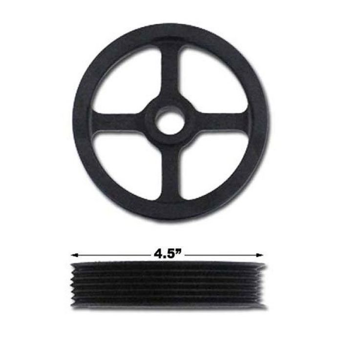 PSC pup pulley coated in black- the image shows the overhead view and the side with with the measurement of 4.5 inches for the PSC PP2401. The background is white.