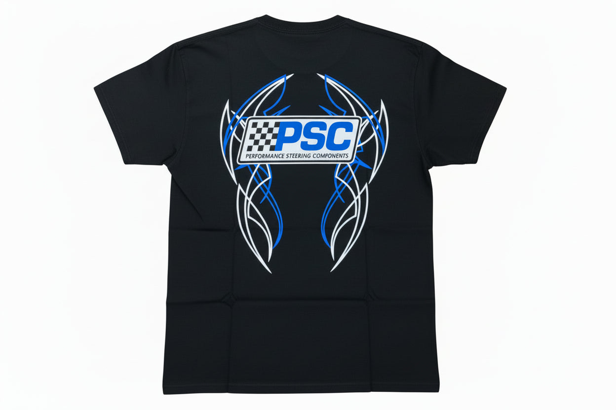 Black t-shirt with PSC logo surrounded by blue and white pinstripe/tribal design on the back on a white background.