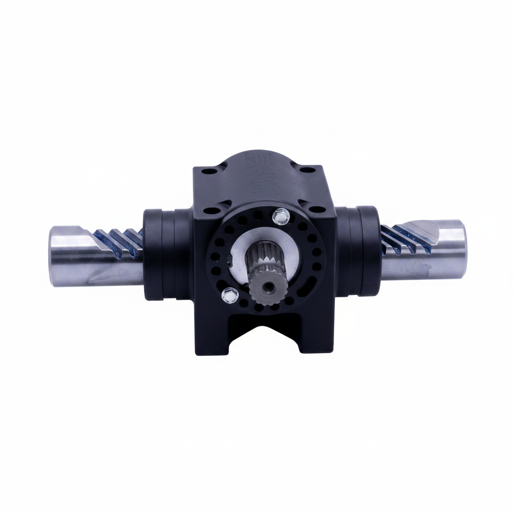 Mechanical component with gears and shafts on a white background