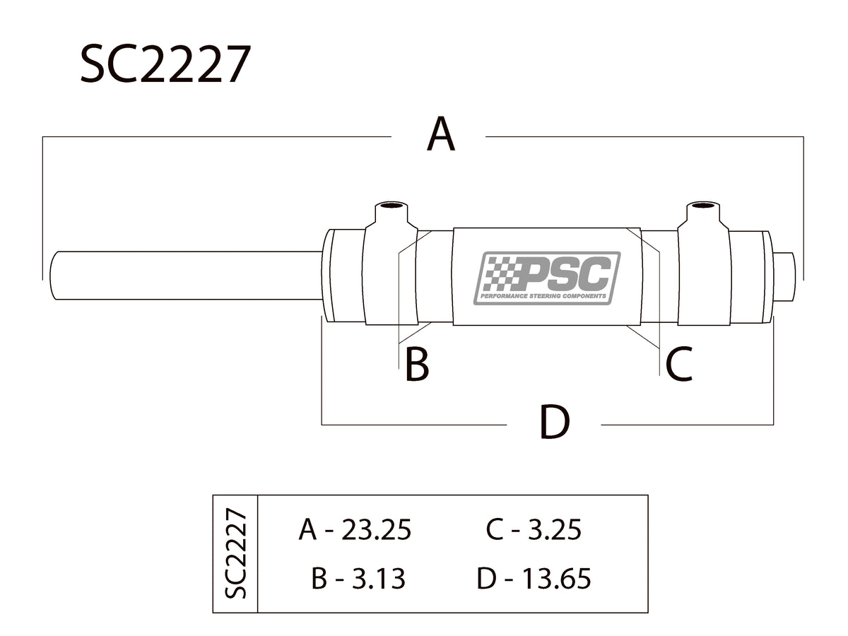 Technical drawing of a mechanical component with dimensions labeled, featuring the PSC logo.