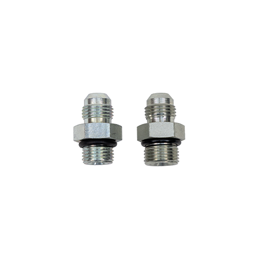 Two -6 AN adapter kit sized fittings for Ford Mustang rack and pinion on a white background.