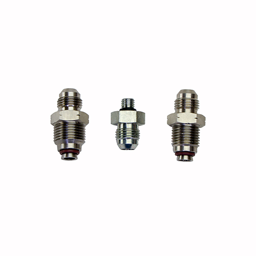 Three metal fittings from the SFK02 -6AN Adapter Kit for Hydro-Boost arranged side by side on a white background, showing threading and O-ring seals.
