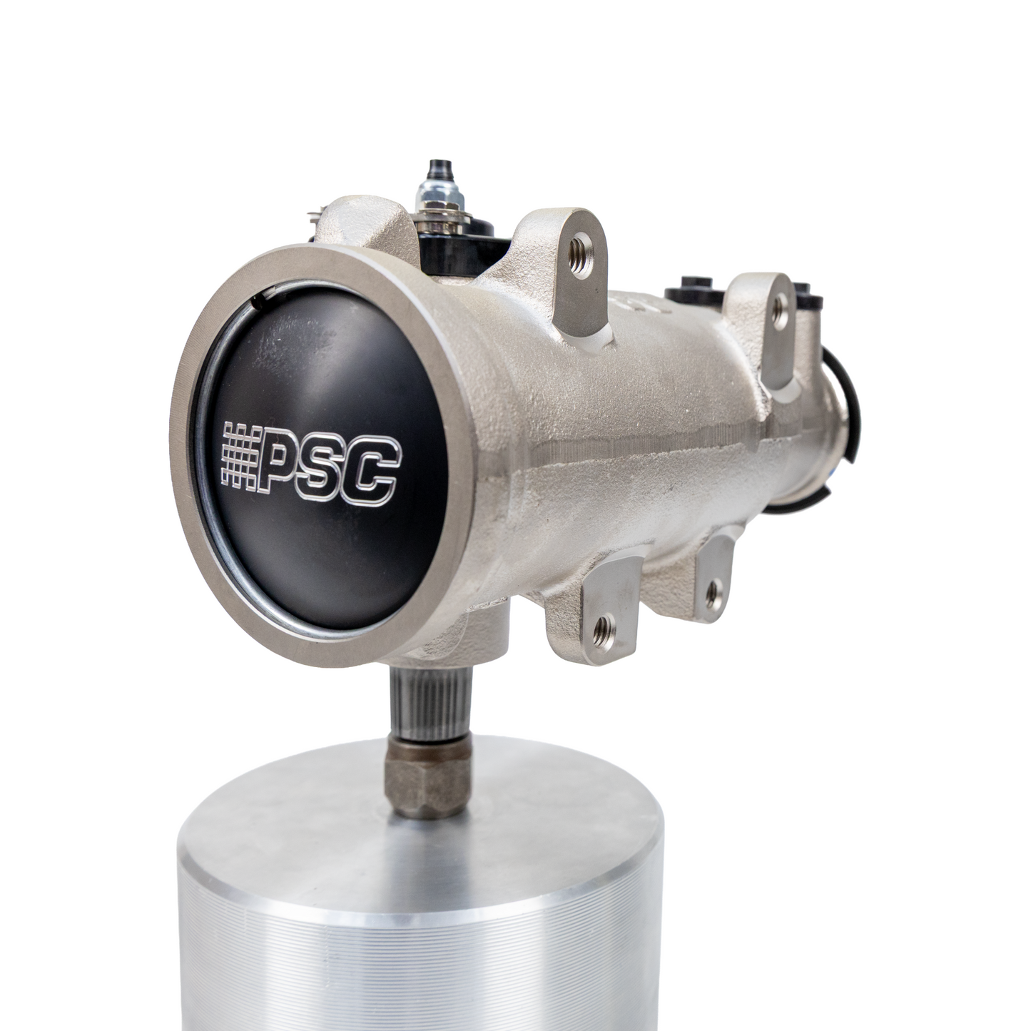 Metallic cylindrical device with 'PSC' branding on a white background