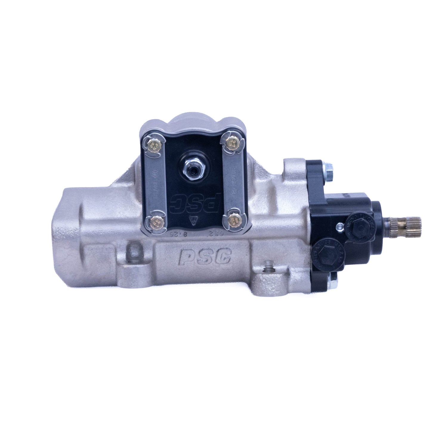 A metallic hydraulic or pneumatic pump assembly with black plastic components and brass fittings, featuring an embossed 'PSG' logo on the side, isolated on a white background.