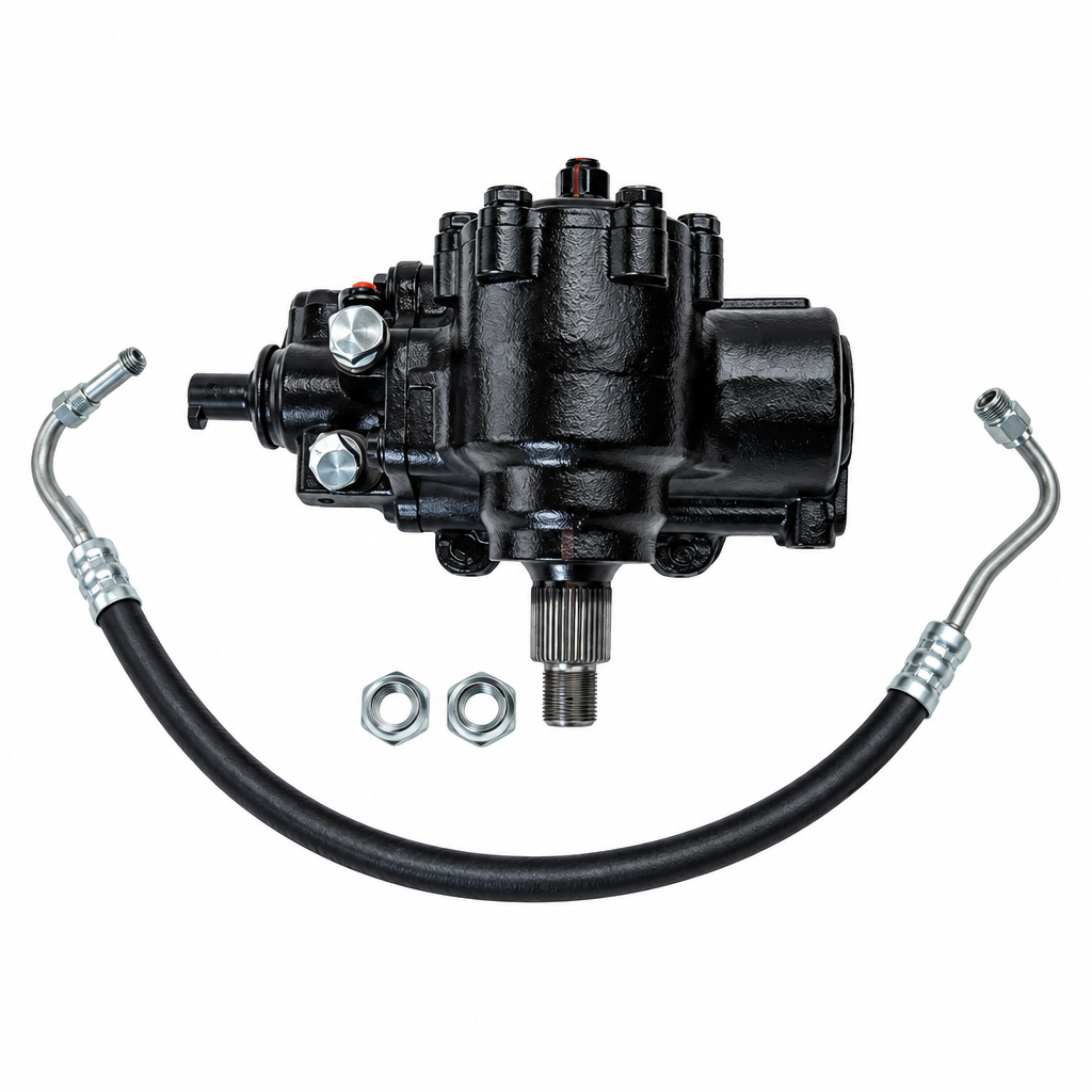 Black mechanical component with hoses and nuts on a white background