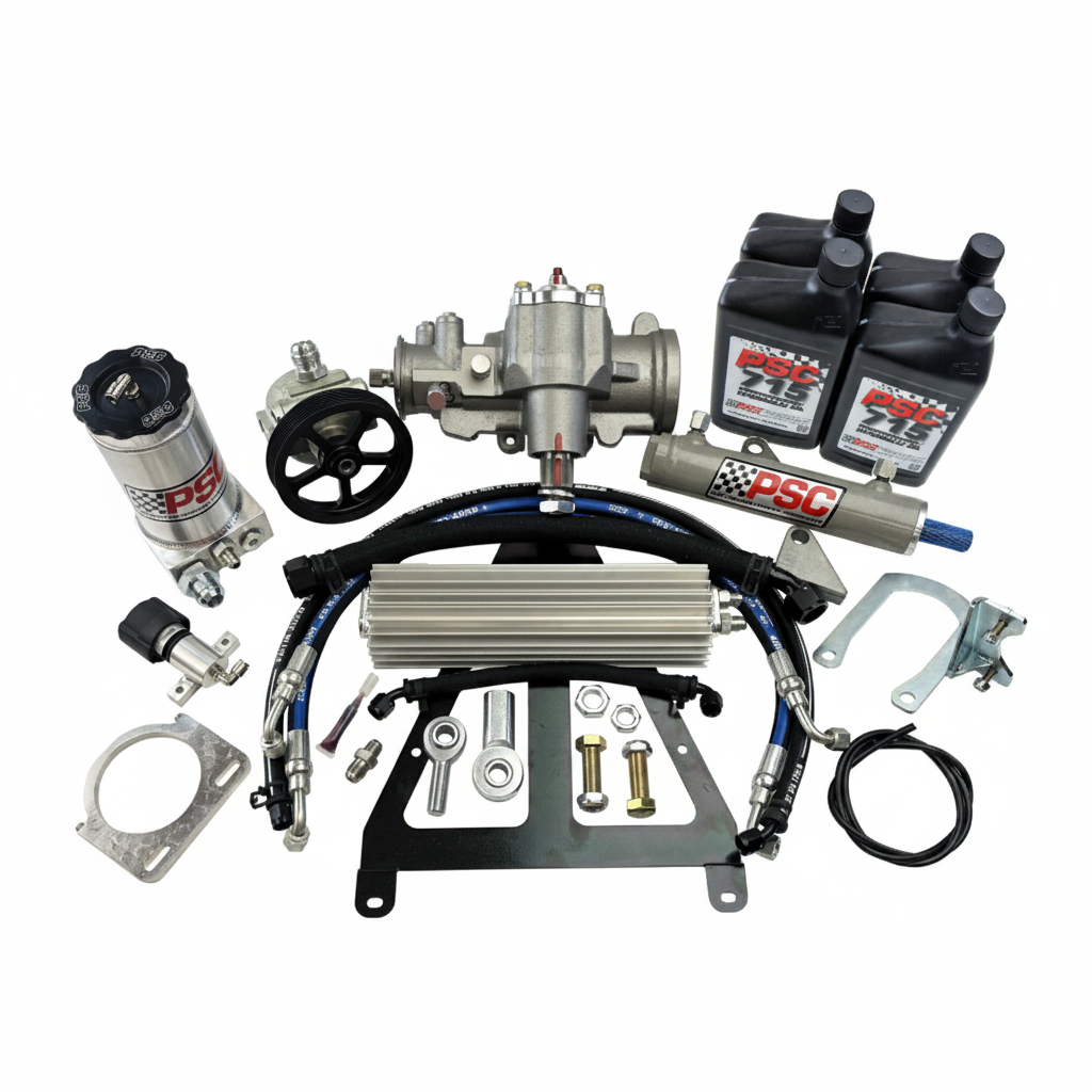 Automotive parts kit including a throttle body, fuel lines, and PSC branded components on a white background.