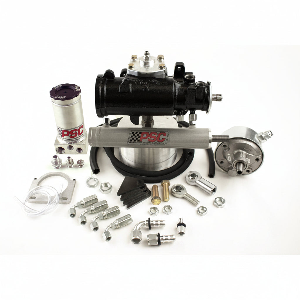 PSC components, including a steering cylinder, hoses, mounts, a reservoir, pully and hardware on a white background.