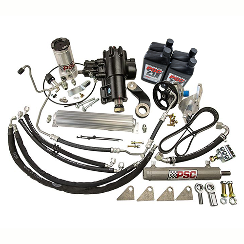 Steering kit with pump, steering gear, pulley, belt, hoses, cylinder/ram, tie rod clamp, clevis ends, cooler, PSC 715 steering fluid, mounts and hardware on a white background.