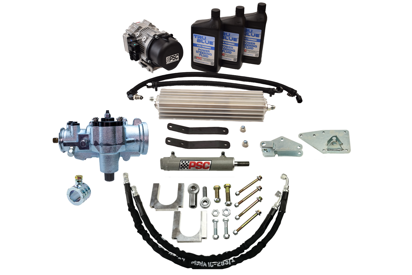 PSC steering kit with pump, steering gear, hoses, cooler, cylinder, clamps, clevis ends, PSC8061 Tru Blue power steering fluid, hardware and fittings on a white background.