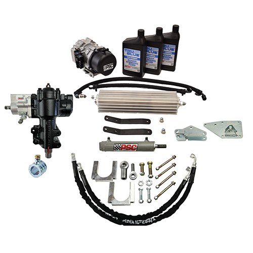 PSC steering kit with pump, steering gear, hoses, cooler, cylinder, clamps, clevis ends, PSC8061 Tru Blue power steering fluid, hardware and fittings on a white background.