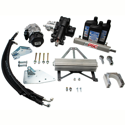 Collection of automotive parts including a power steering pump, hoses, and metal brackets on a white background.