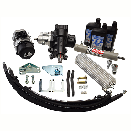 Steering kit with pump, cooler, PSC power steering fluid Tru Blue, mounting brackets, steering gear and hoses on a white background.