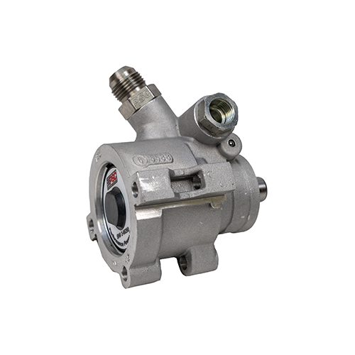 Pro Touring high-flow type II power steering pump angle 4, angled view of the front of the pump on a white background.