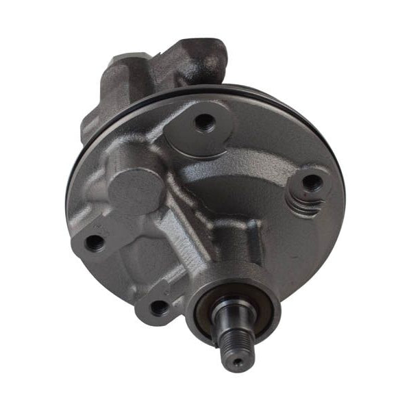 A dark gray cast metal automotive pump or motor component with a threaded shaft, shown on a plain white background.