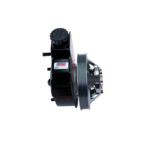 Side view of a PSC steering pump with a dark grey pulley on a white background.