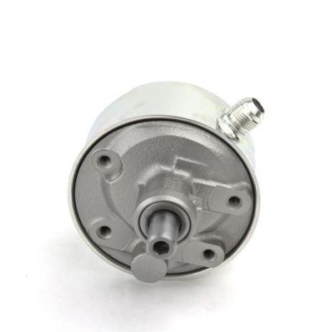 A silver pulley in front of a white background.