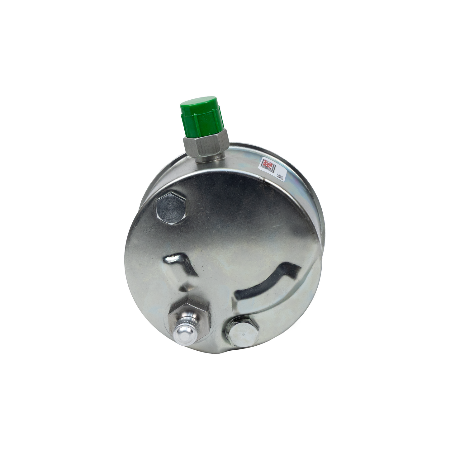Metallic cylindrical component with a green cap on a white background