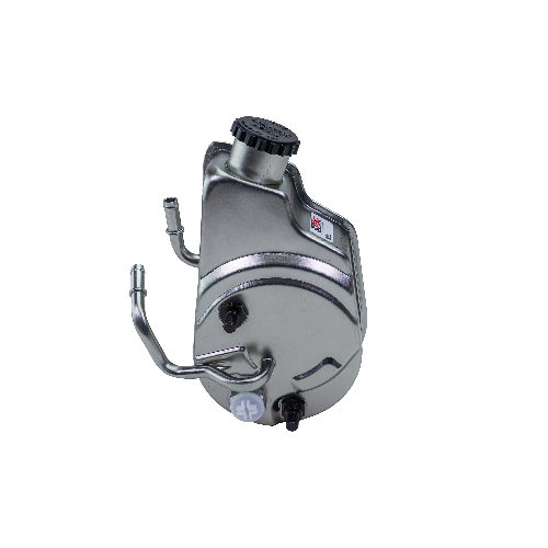 Back view of a PSC silver high-performance steering pump with a branded sticker on the side in front of a white background.